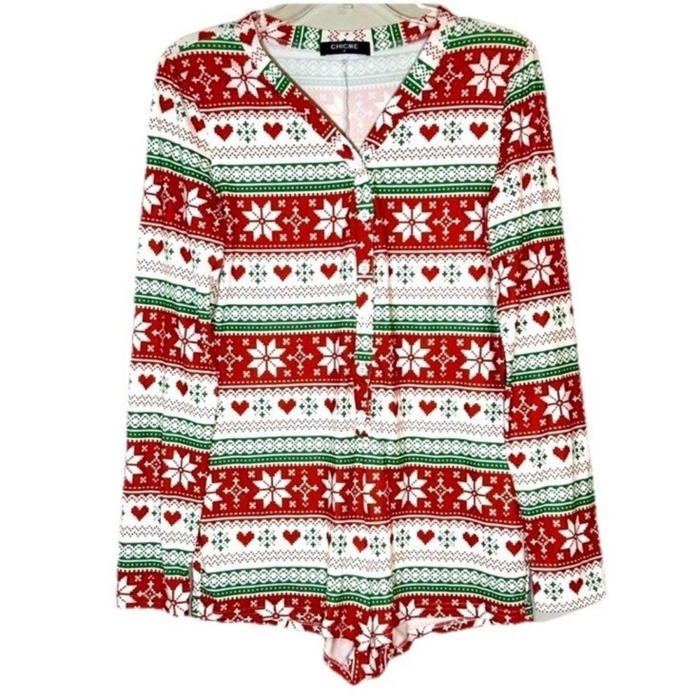 ChicMe Womens Christmas Fair Isle Romper Red Green Snowflake DLK80320M Size M